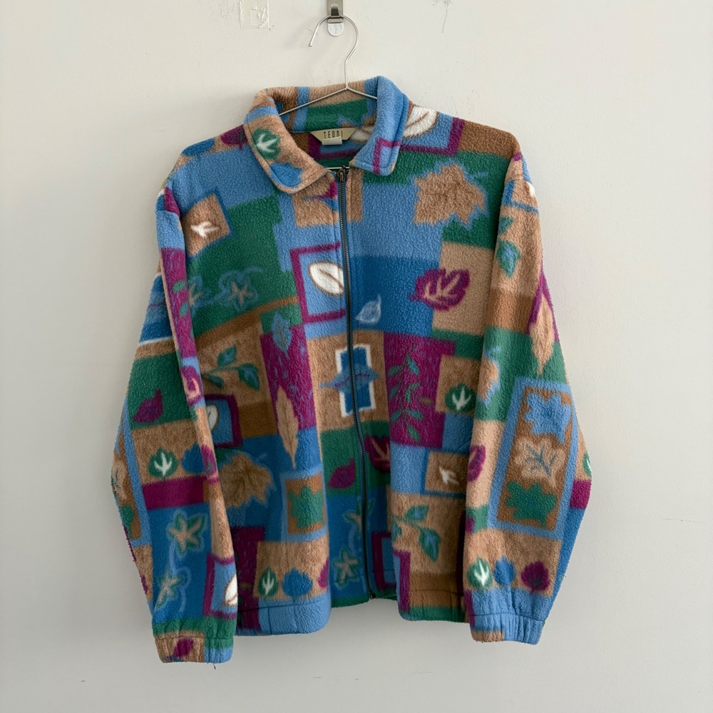 Vintage Teddi Fleece Jacket Full Zip Abstract Leaf Patchwork Blue Multi
